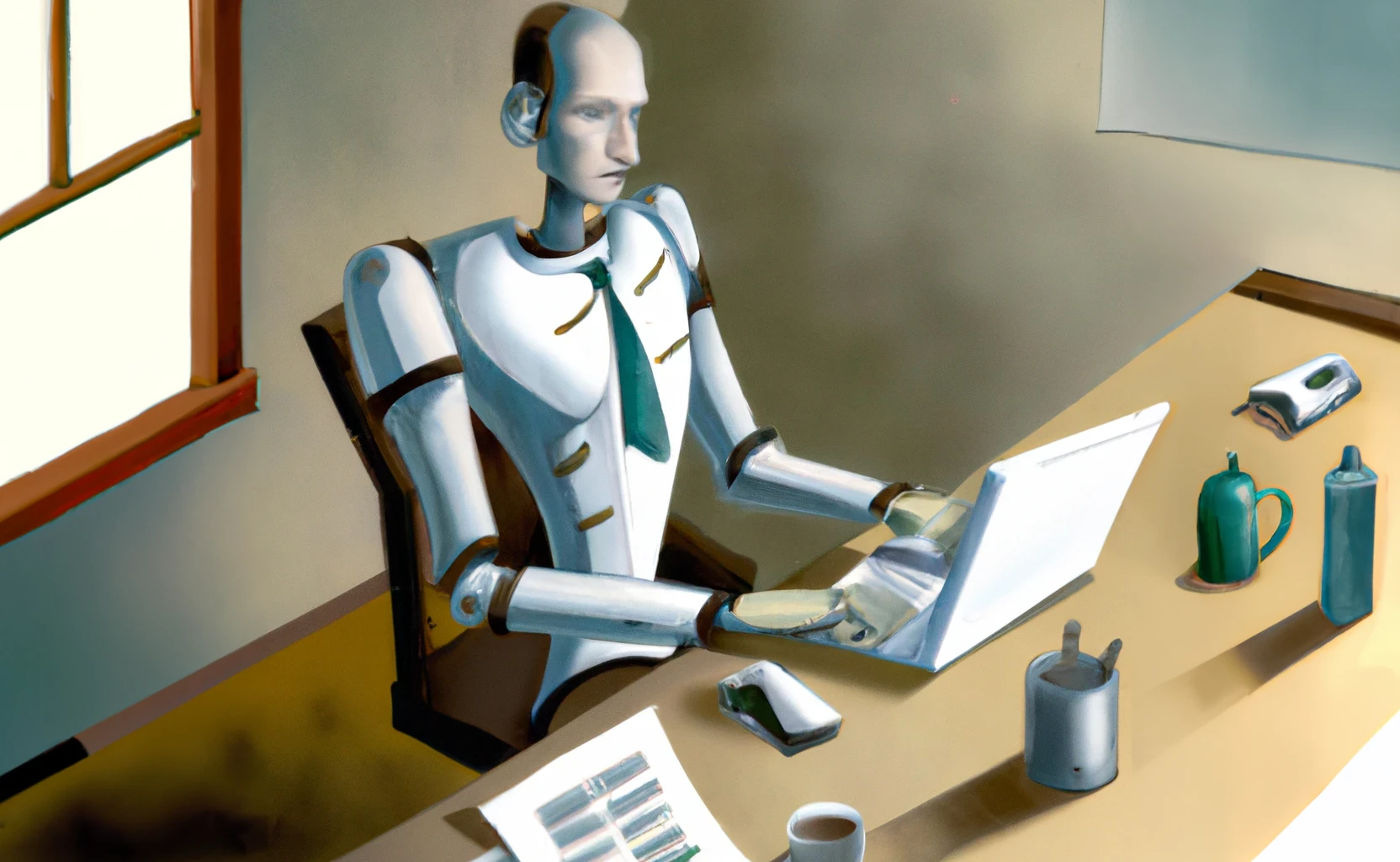 pintura de un robot haciendo trabajo de oficina
